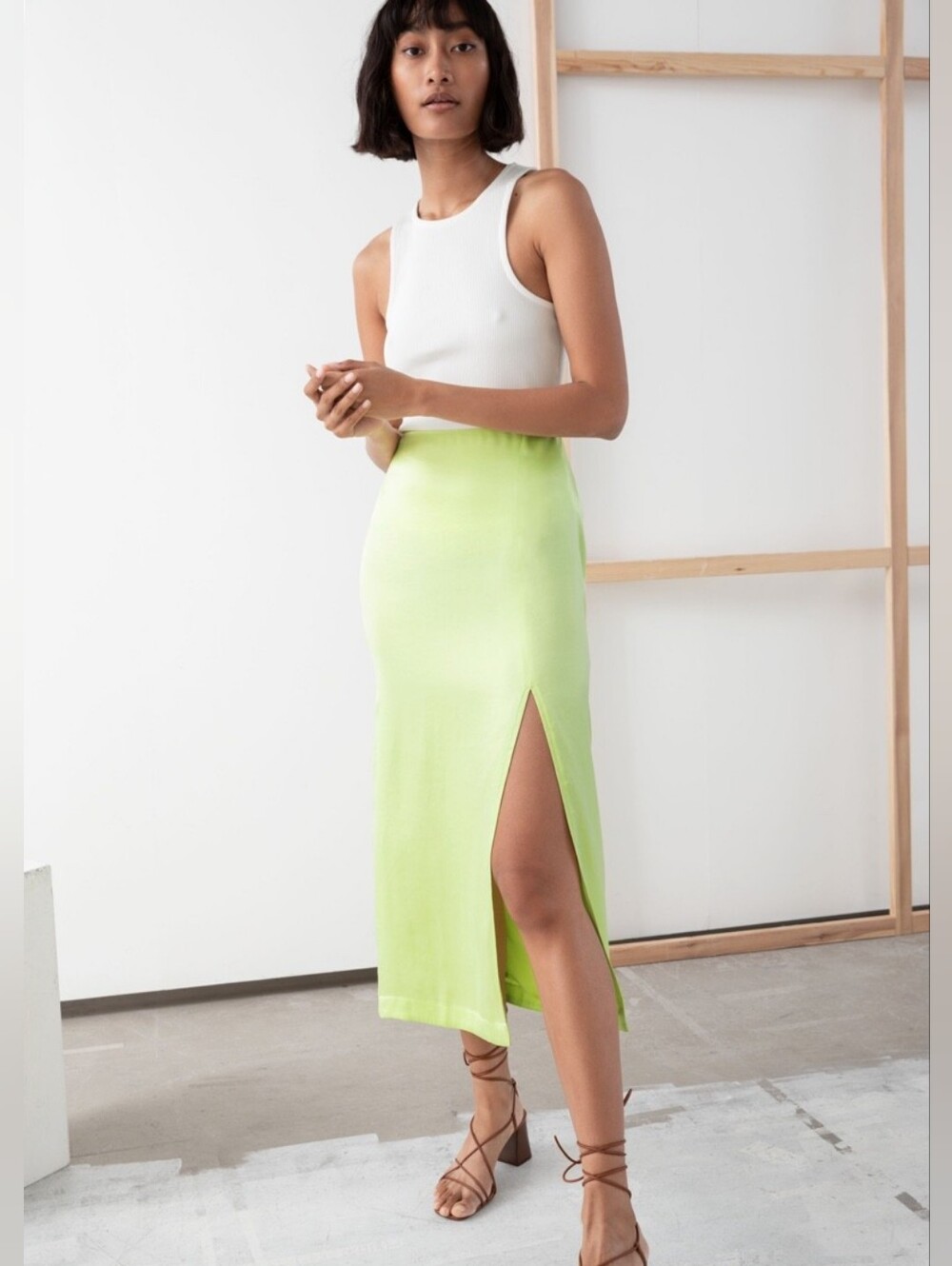 & Other Stories Los Angeles Atelier Side Slit Midi Skirt Neon Yellow Green US 6